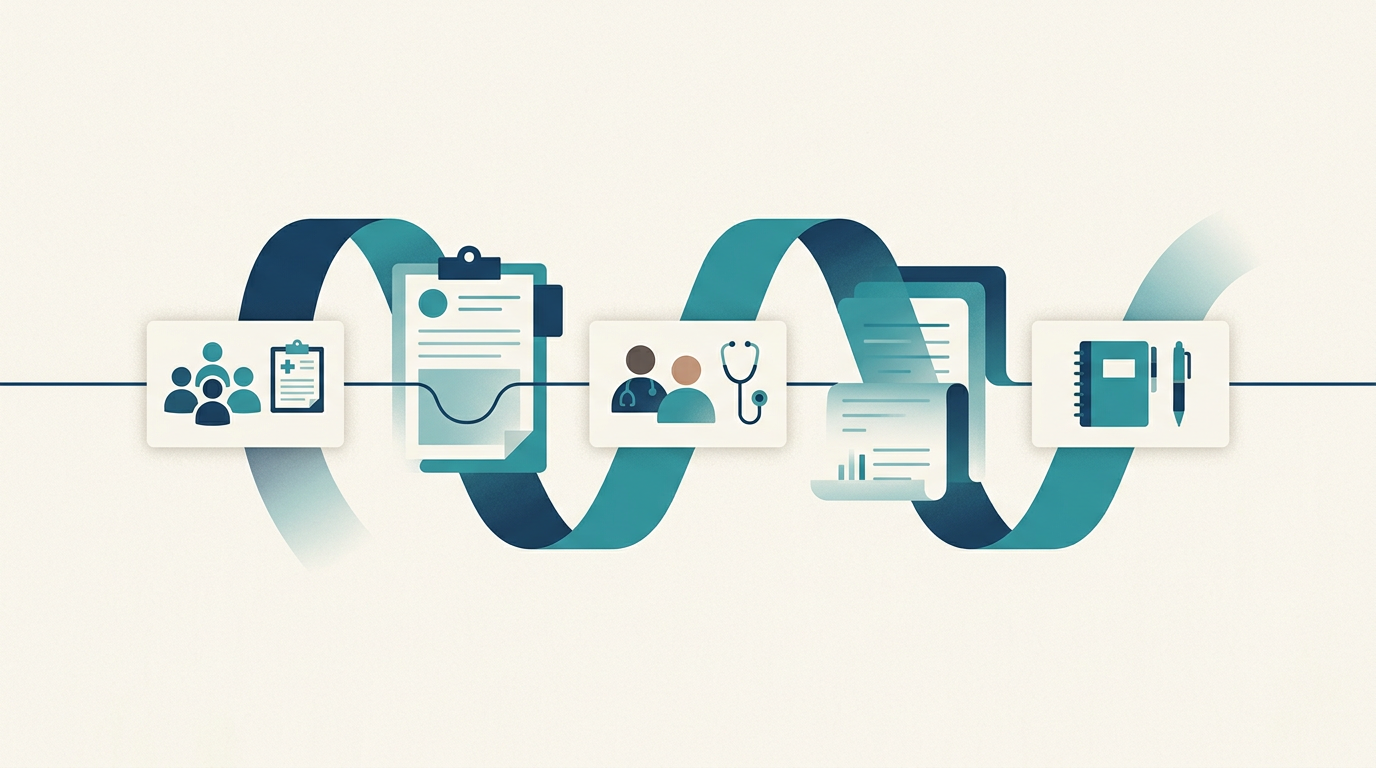 An abstract day-timeline flowing through morning rounds, a patient visit, and end-of-day documentation.