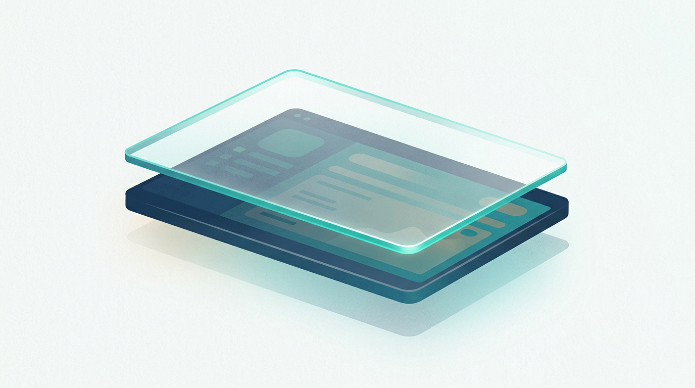 A translucent teal-edged clarity layer resting cleanly on top of an existing EHR panel, not replacing it.