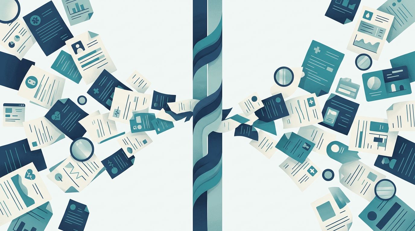 Scattered medical records, labs, and portal windows converging into one organized health timeline.
