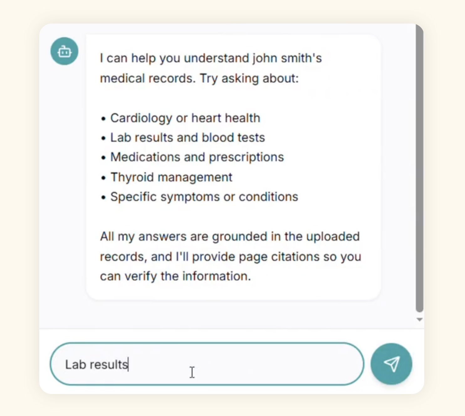Conversational Q&A interface asking about lab results.