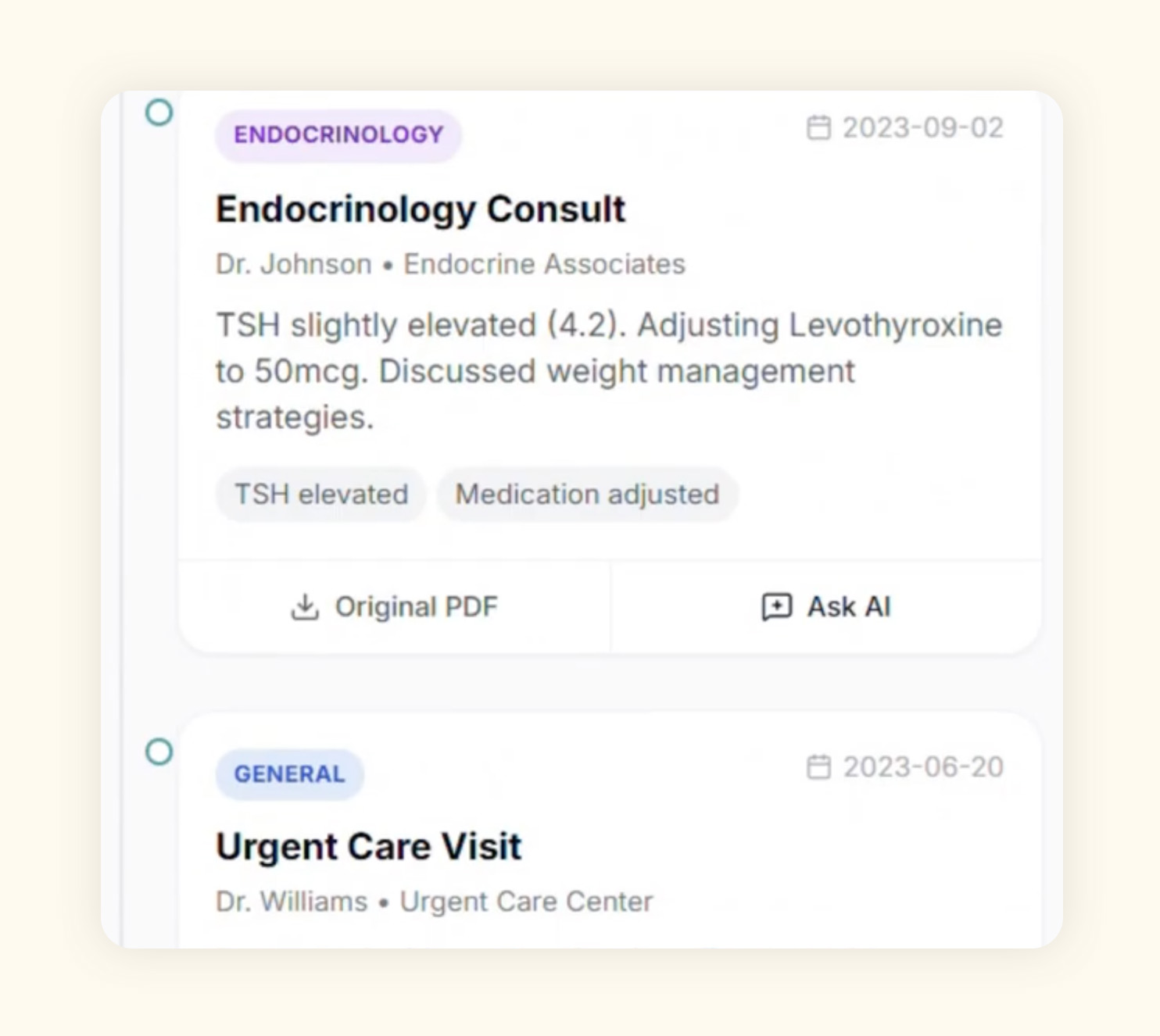 MediClarity AI-generated patient summary, with consult cards and an Ask AI action.