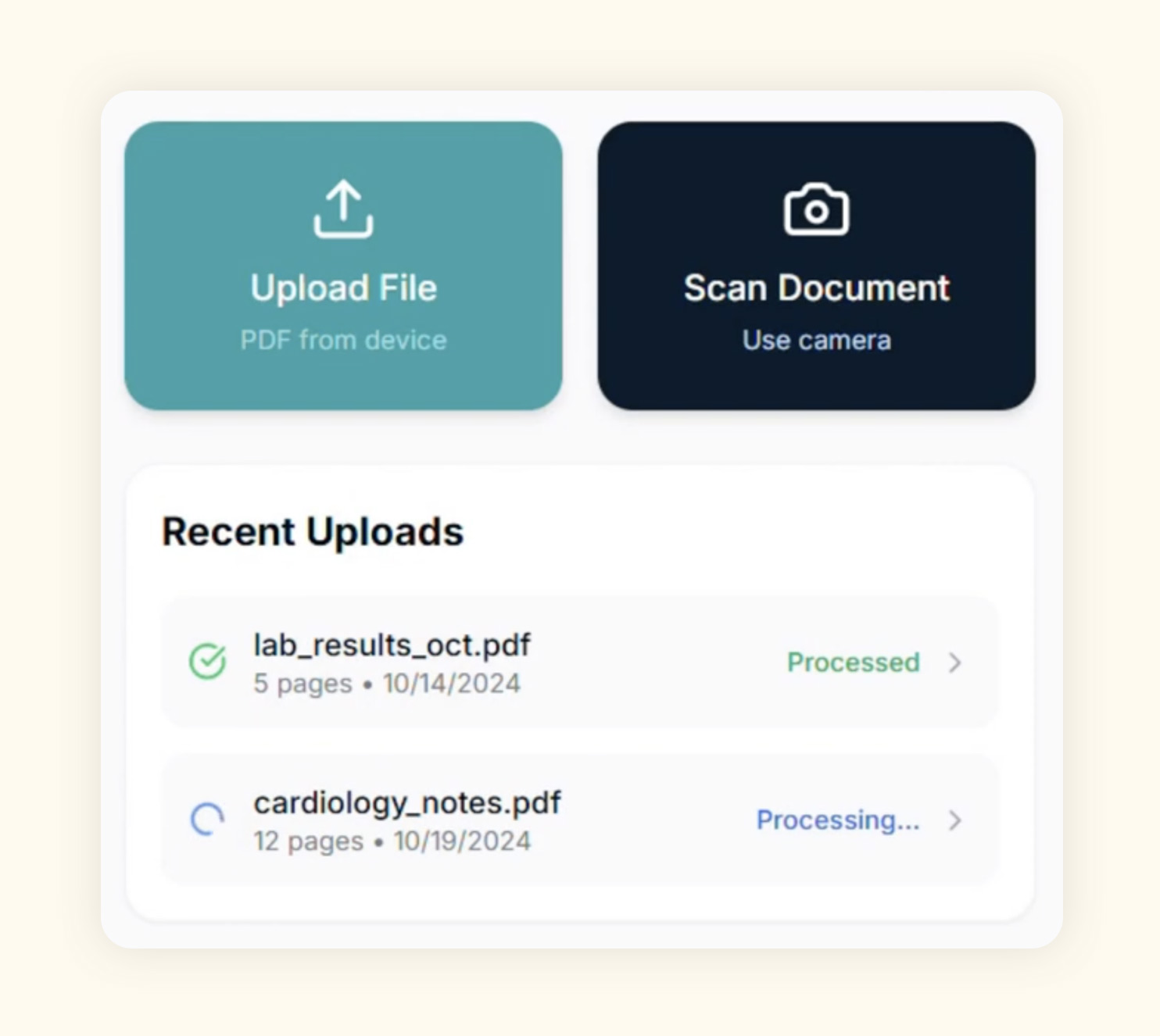 Upload File and Scan Document with recent uploads showing processing status.